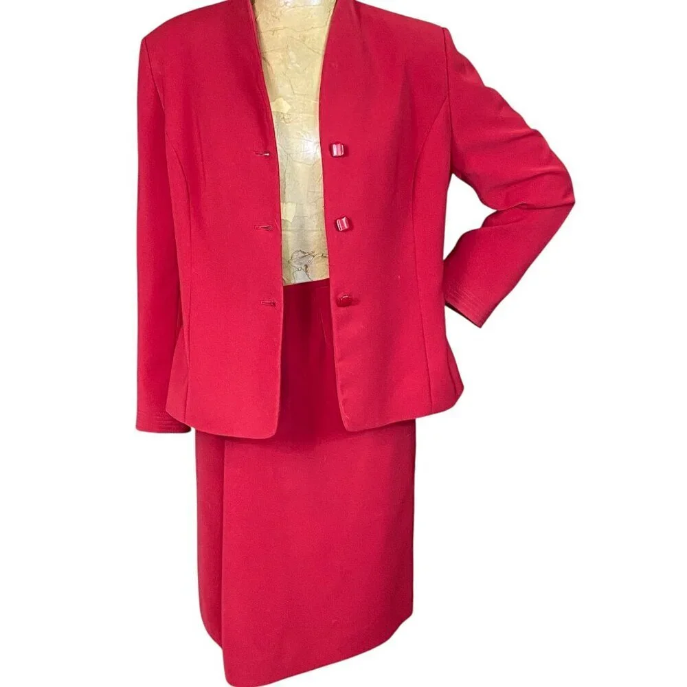Le Suit 2-Piece Blazer Jacket & Skirt Set Sz 14P‎ Red #321H